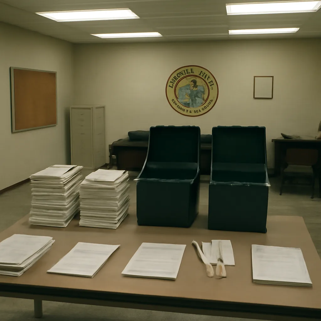 A 2000-era Florida county election office table with stacks of paper ballots, election materials, and a sign reading 'Canvassing' (no people shown).