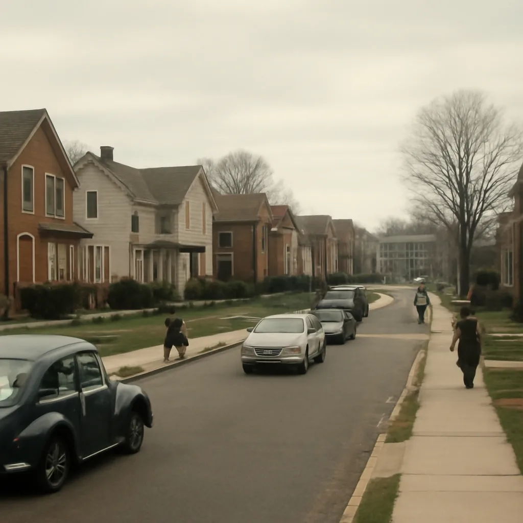 Mid-20th-century residential street with mixed single-family houses, signs of neighborhood life but showing segregated patterns through empty yards adjacent to occupied homes; no identifiable faces.