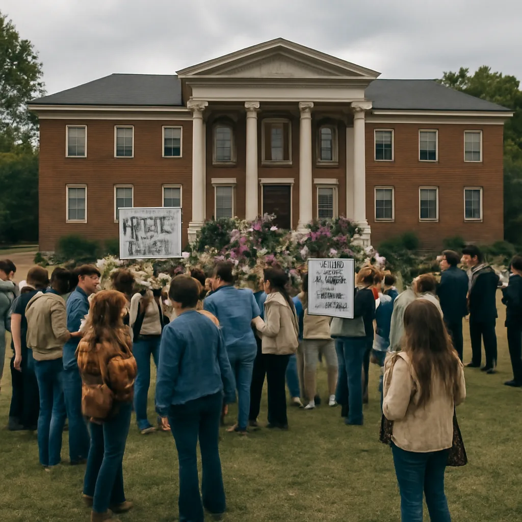 Early 1970s campus scene with students demonstrating outside a university administration building; signs and banners about the draft and Vietnam, police officers observing from a distance, no clearly identifiable faces.
