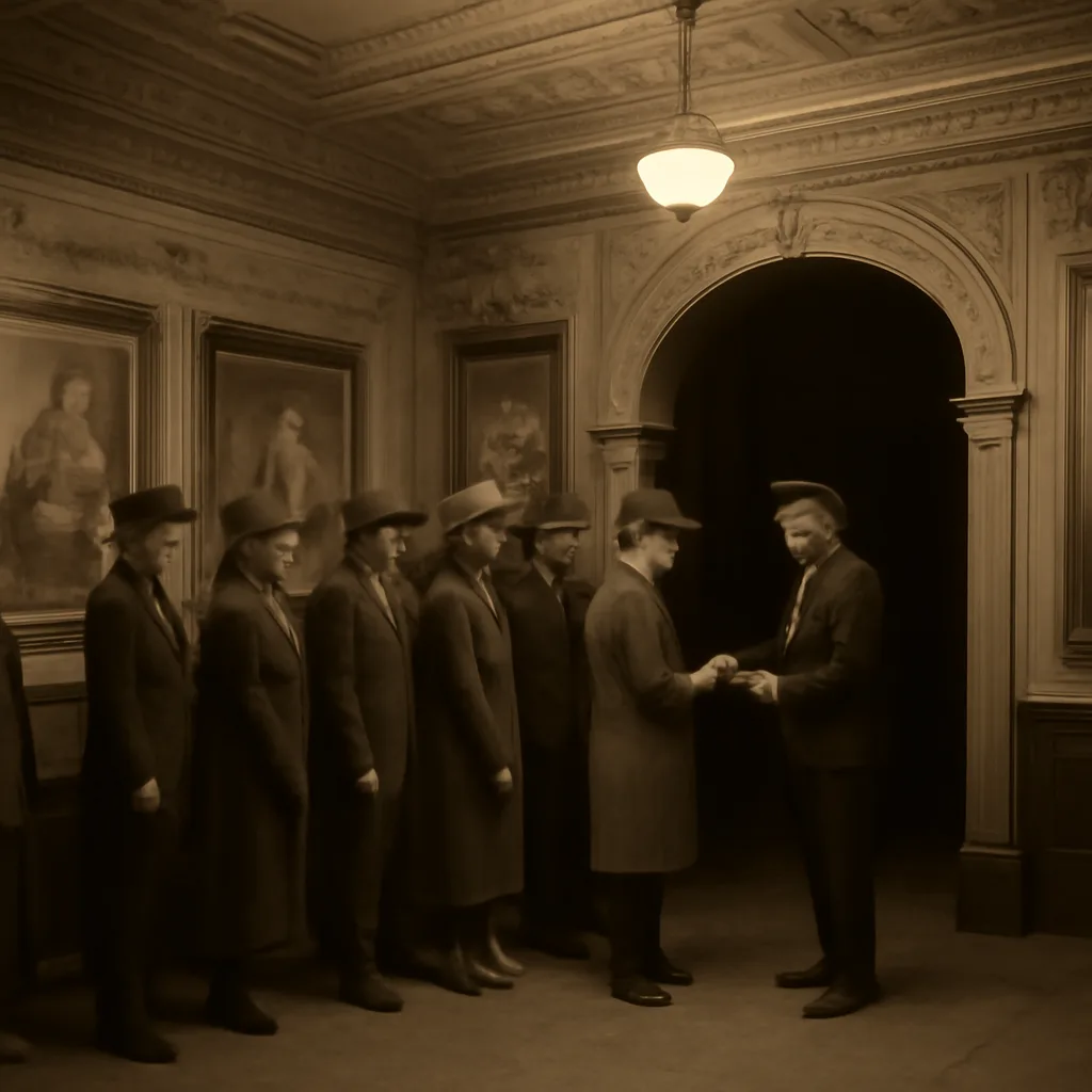 Early 20th-century movie theater lobby with posters and an usher checking tickets, illustrating the era of local film censorship boards.