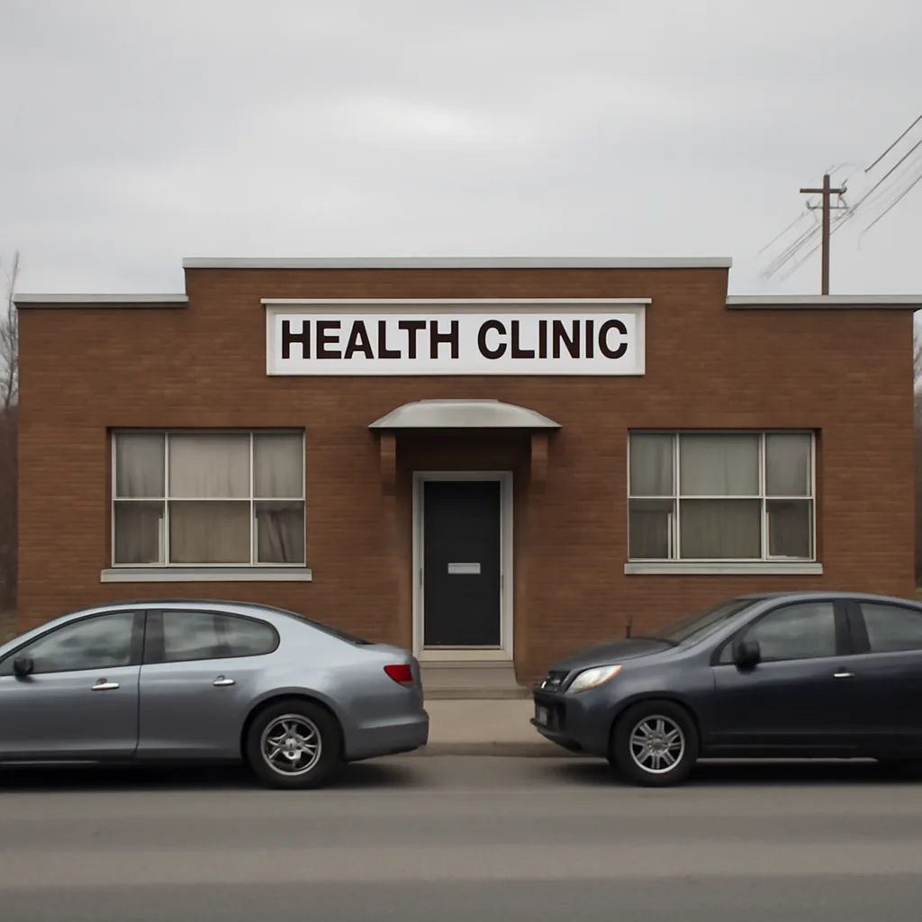 Exterior of a medical clinic building on an urban street, daytime, with a small sign indicating a health facility; scene shows accessible entrance and sidewalk but no identifiable people.