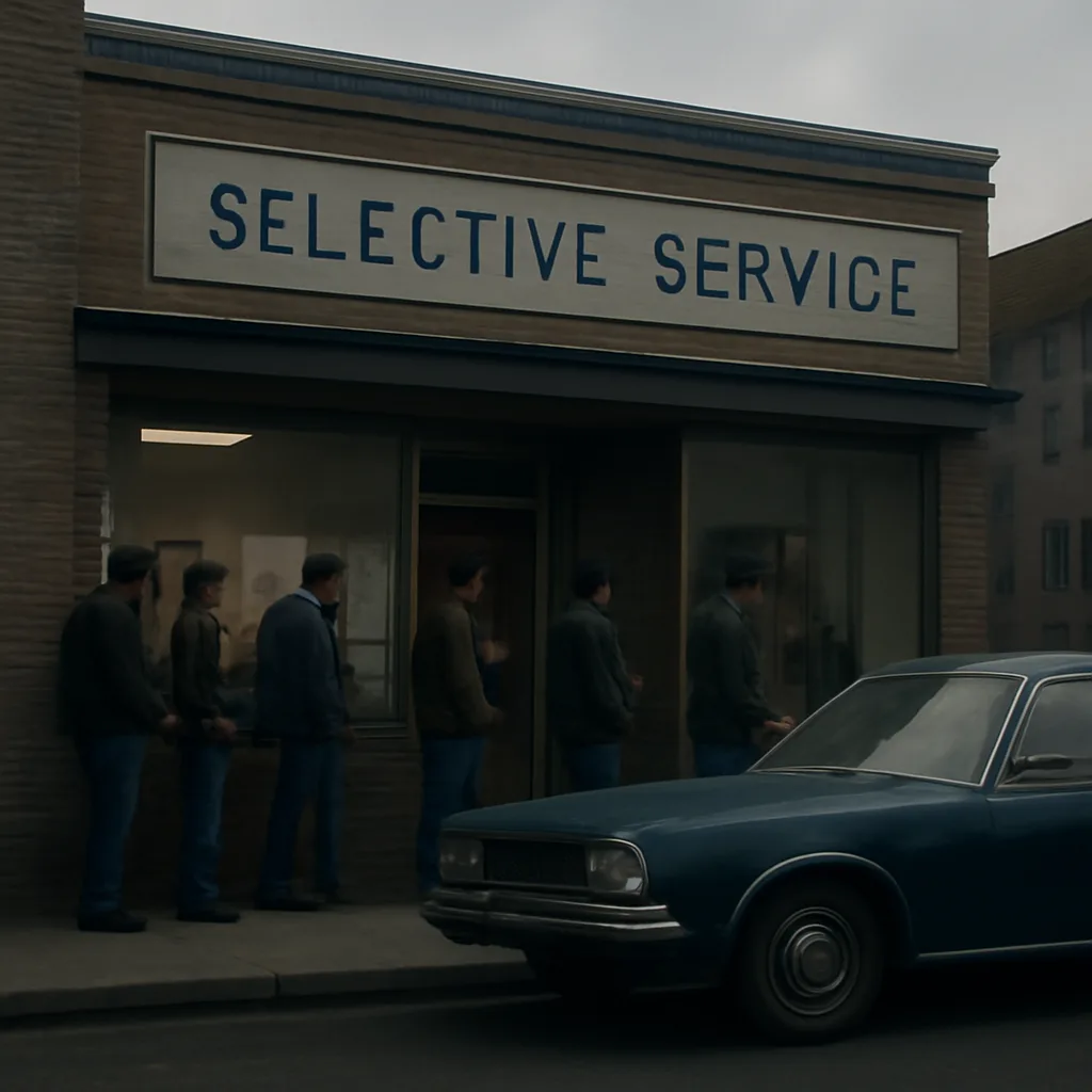 A 1970s-era Selective Service registration poster and a line of young men outside a government office in winter coats, representing draft registration during the Vietnam War era.