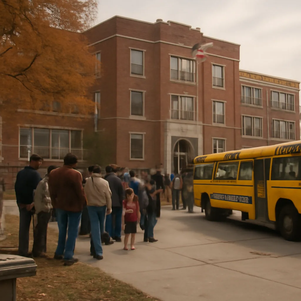 1970s-era American school buses parked beside a brick school building and a small group of parents and children nearby, demonstrating a public-school setting during the era of court-ordered busing.