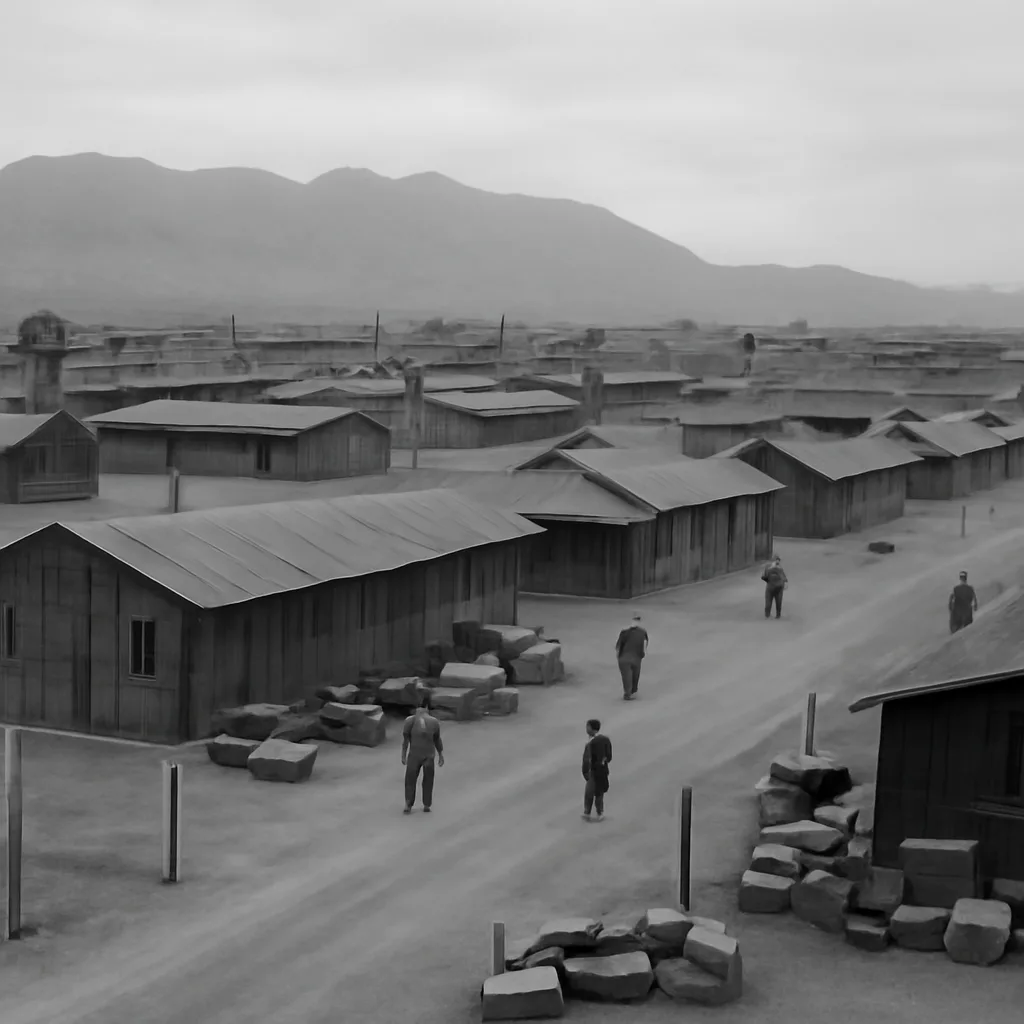 Barracks and barbed wire fencing at a World War II-era Japanese American internment camp, with rows of simple wooden buildings and a guarded perimeter in a rural landscape.