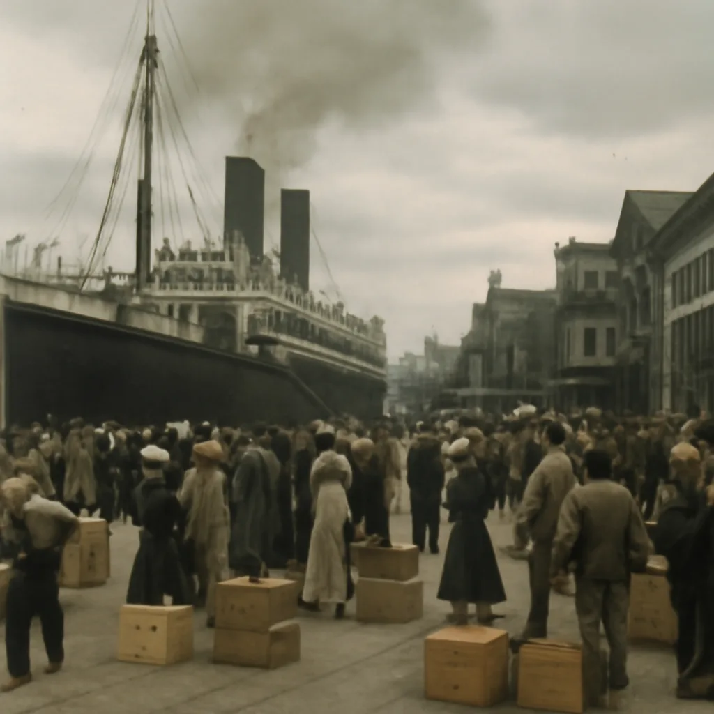 Crowd on a New York waterfront in 1912 awaiting arriving passengers; men in suits and hats, women in Edwardian dresses, moored passenger steamship visible alongside the pier.