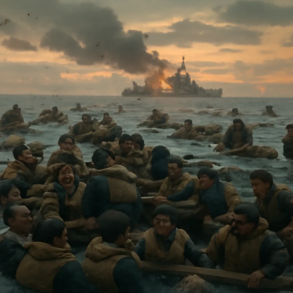 Life rafts and survivors in life jackets clustered in open ocean at dusk after a wartime naval sinking, distant smoke on the horizon