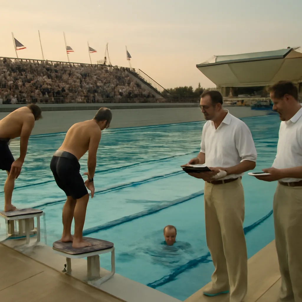 Competitive swimmers on the starting blocks at an international pool in 2009, officials inspecting swimwear on the deck nearby.