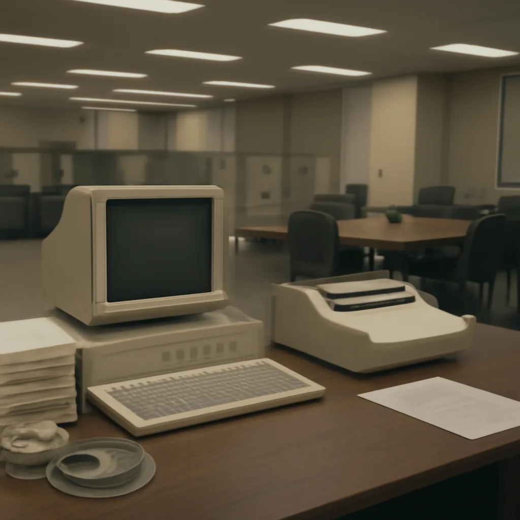 A 1980s office with dot-matrix printouts, a beige terminal, and paperwork referencing early internet naming—representing early domain registration activity.