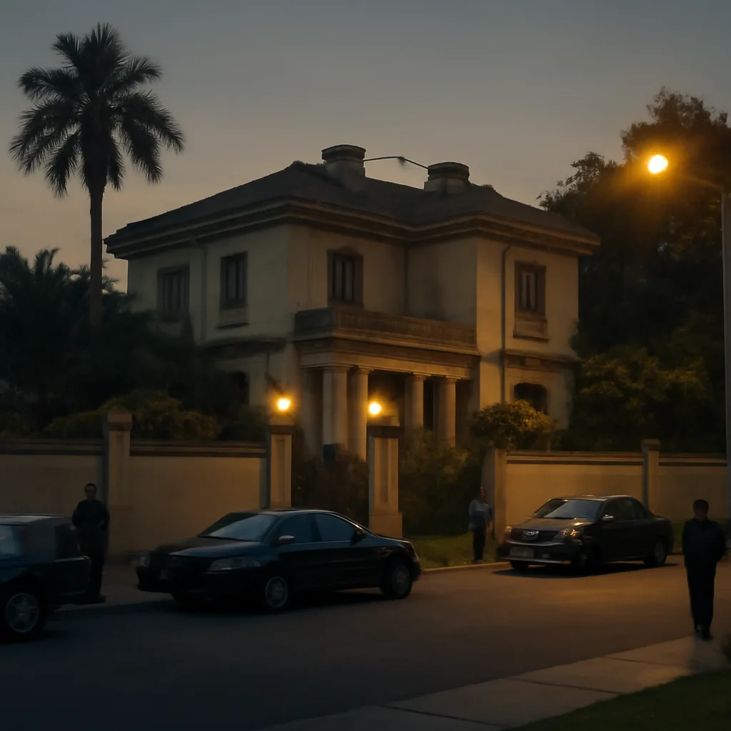 Exterior view of the Japanese ambassador’s residence in Miraflores, Lima, a large historic mansion with security vehicles parked outside during the 1996–1997 hostage crisis.
