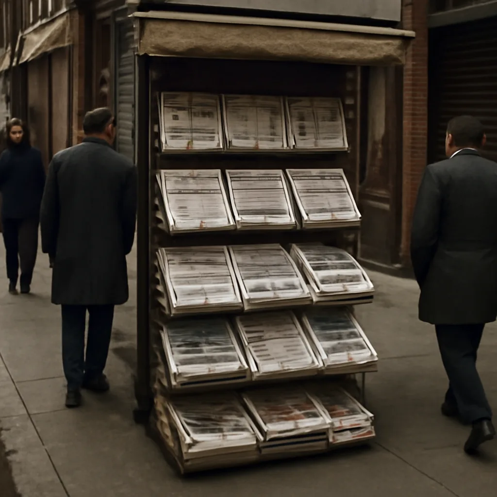 Stacks of British tabloid newspapers on a shop counter displaying sensational headlines about royal private lives, dated August 1992.