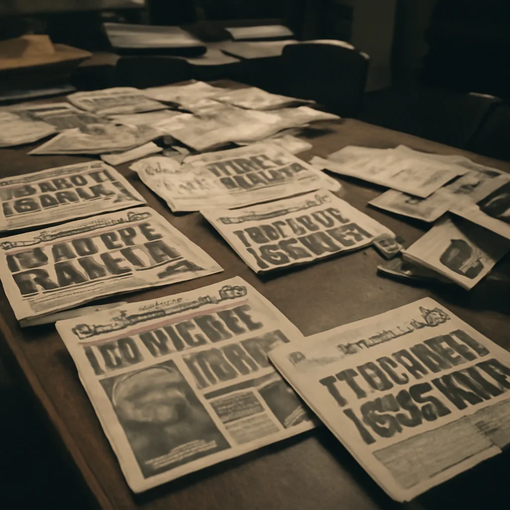 Stacks of British tabloid newspapers from the early 1990s spread on a table, headlines visible but not showing identifiable royal faces.