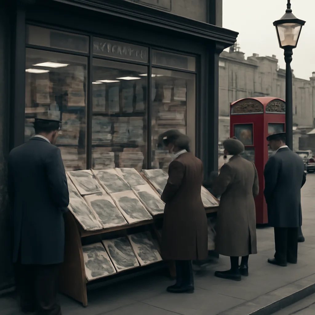 Newspaper stands and broadsheets from the early 1990s displayed on a London street, headlines visible but faces and names indistinct.