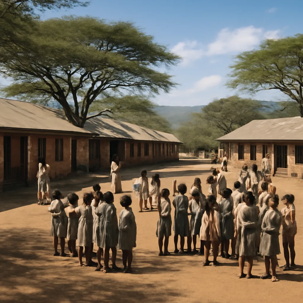 Exterior view of a rural 1960s East African mission boarding school compound with children gathering outdoors; simple buildings, trees and dusty paths visible.