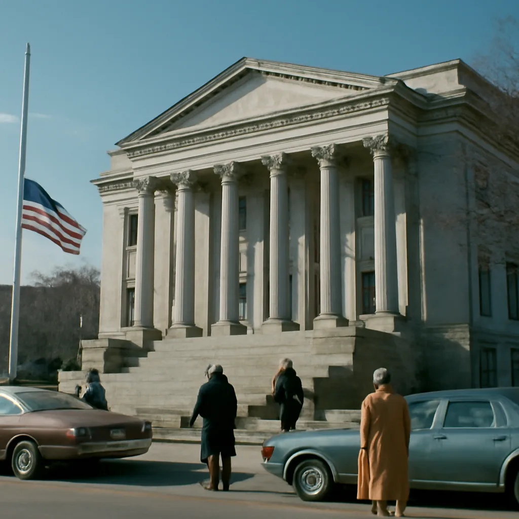 Exterior of a late-1970s Florida courthouse at midday, with modest columns and a few onlookers on the steps; period-appropriate clothing visible, no identifiable faces.