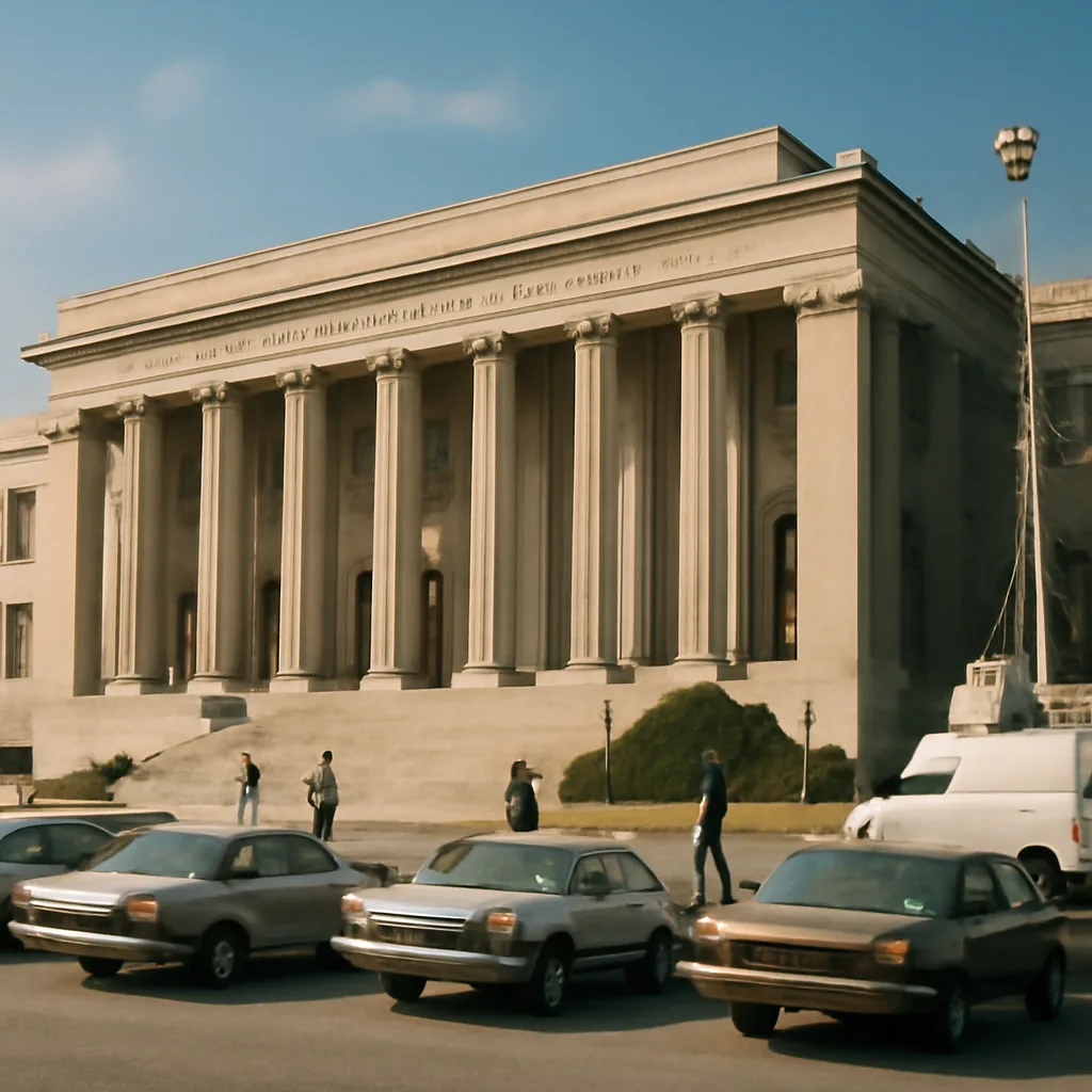 Exterior of a Florida courthouse in 1980, with period-appropriate cars parked outside and small groups of people on the steps; no identifiable faces.