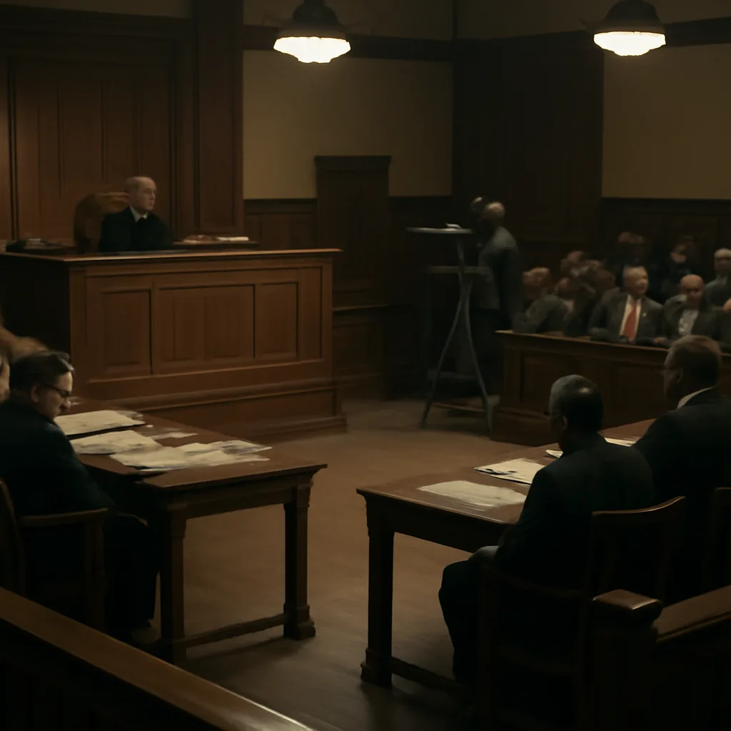A mid-20th-century courtroom with judges’ bench, lawyers at tables, and a television camera on a tripod positioned at the rear; no identifiable faces.