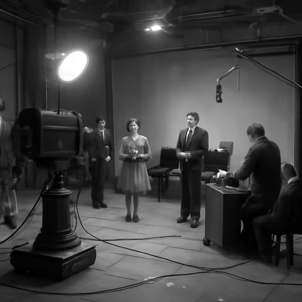 Early 1940s television studio with a large camera, studio lights, and technicians preparing a live broadcast; black-and-white era equipment and period attire.