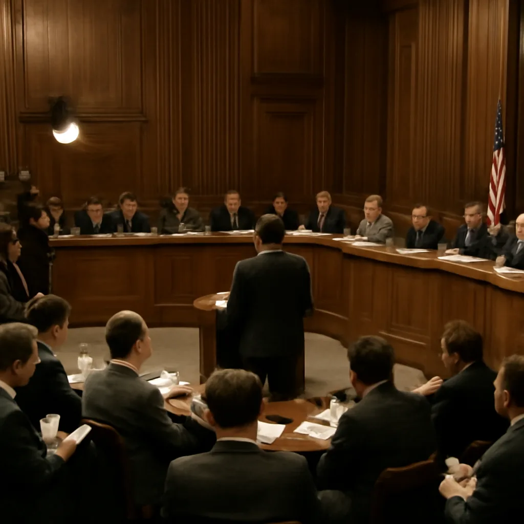 A 1950s congressional hearing room seen from the gallery: long table with microphones, committee members seated, reporters and cameras positioned in aisles; period clothing and studio television camera visible under bright lighting.