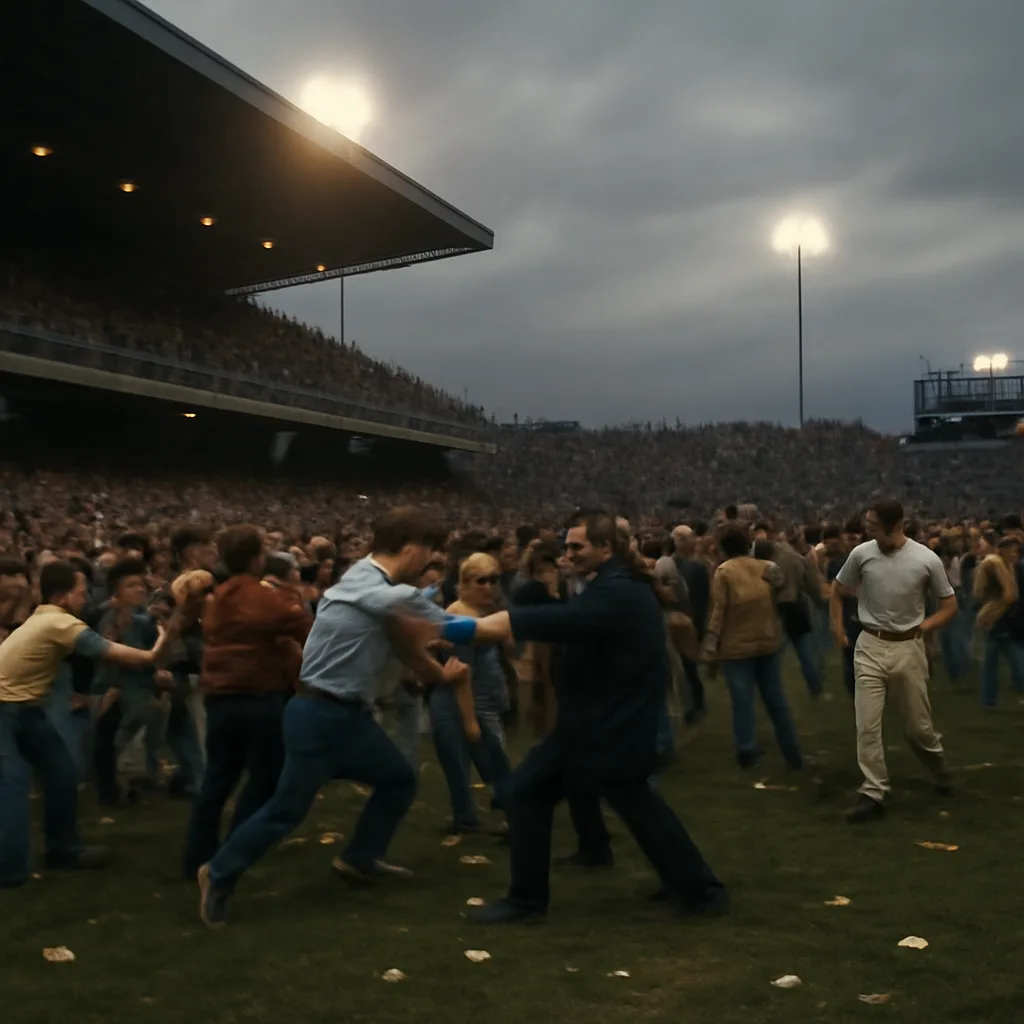 Crowd spilling onto the grass at Cleveland Stadium during the 1974 Ten Cent Beer Night riot; police and players on the field amid debris and overturned seats.