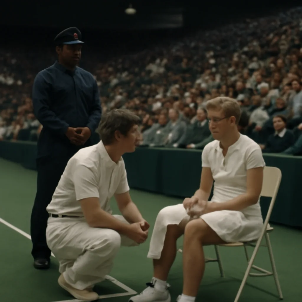 Monica Seles sitting on a court bench during a changeover at an indoor tennis tournament in early 1990s attire, medics and security nearby, spectators in stands.