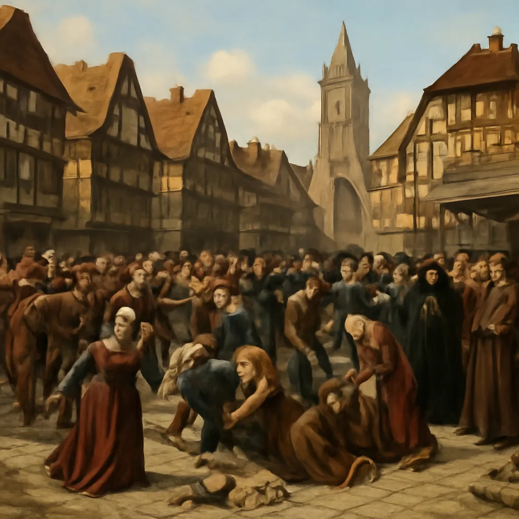 Early 16th-century Strasbourg street scene with townspeople dancing in a public square; wooden buildings, carts, and onlookers in period dress.