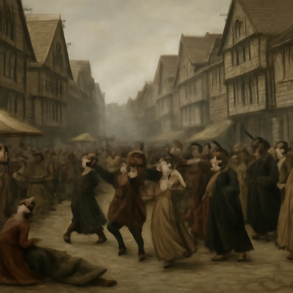Crowded late-medieval Strasbourg street scene with people dancing or collapsing; timber-framed houses and onlookers in period dress, no identifiable faces.