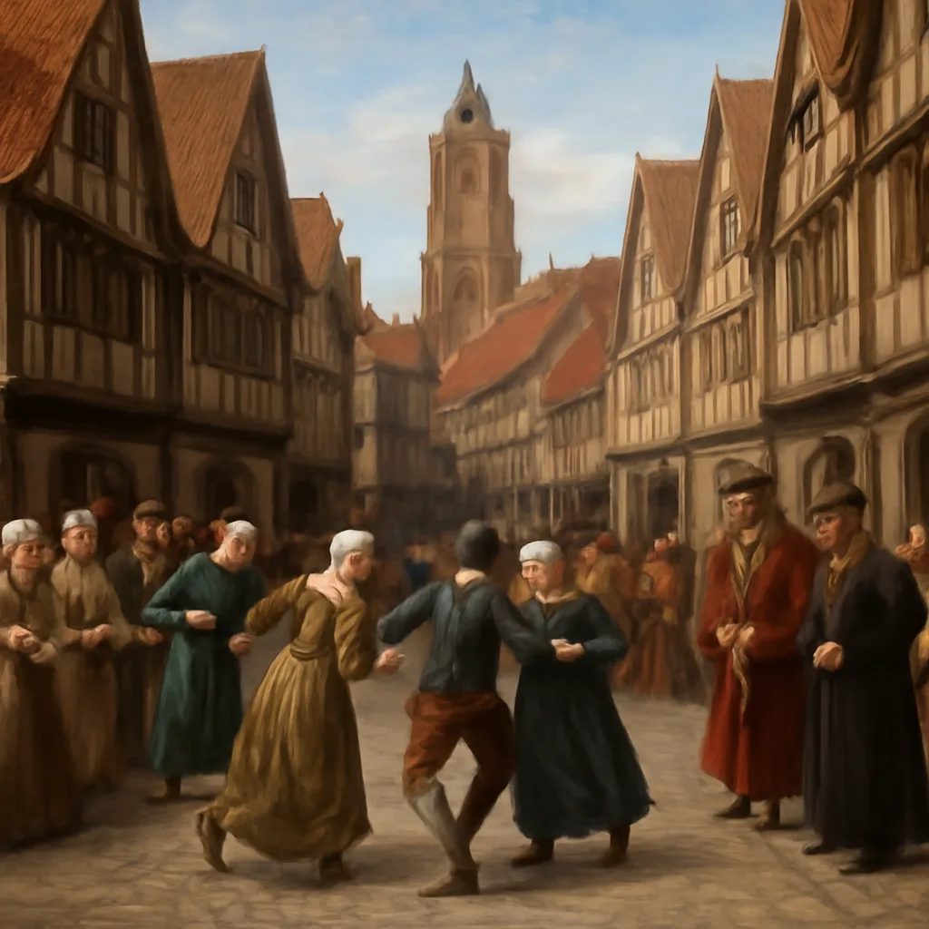 A cobbled Strasbourg street in summer, early 16th century: groups of townspeople in period clothing cluster while others appear to dance or stumble; timber-framed houses and a church tower in the background.