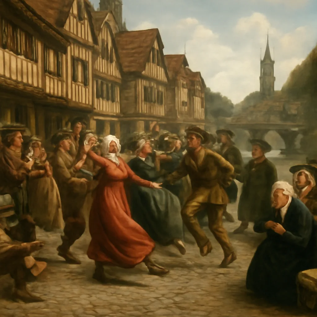 A crowded early 16th-century Strasbourg street scene with people dancing and onlookers gathered; musicians nearby; period buildings and clothing; no identifiable faces.