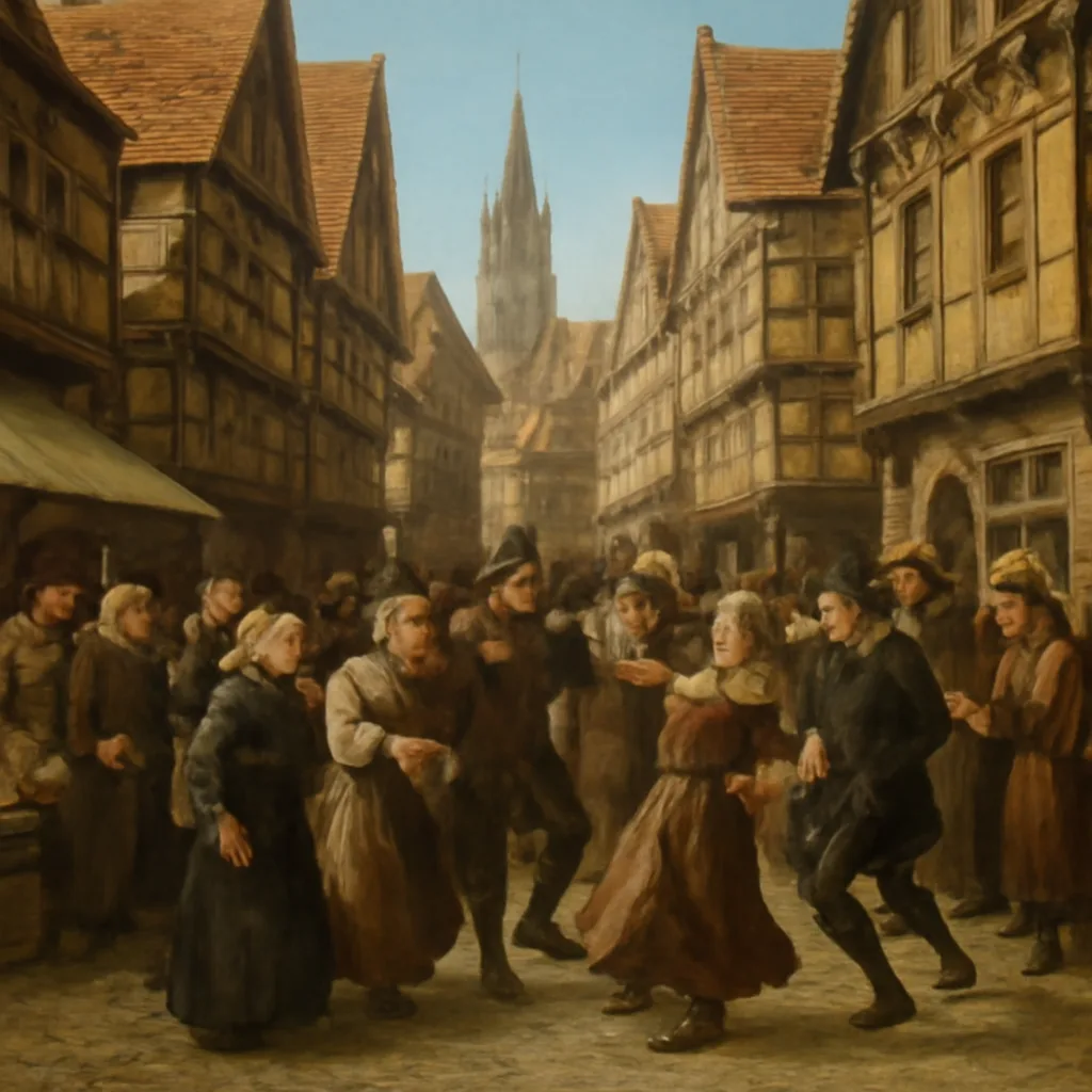A crowded 16th-century Strasbourg street with people dancing and others watching; wooden houses, market stalls, and townspeople in period clothing—faces indistinct.