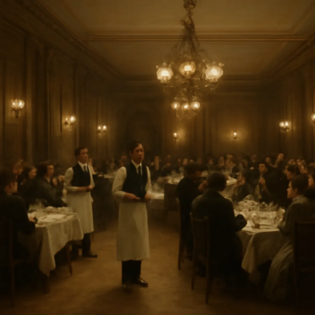 Late 19th-century banquet hall with long tables laid for a formal meal; servers in period dress and diners seated, showing a crowded communal dining scene typical of 1880s European urban banquets.