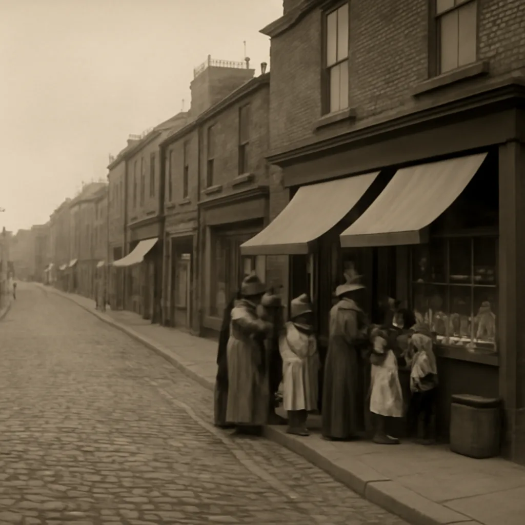Late 19th-century Bradford street scene showing a row of small shopfronts and customers, representing the local confectionery trade implicated in the 1883 sweets poisoning.