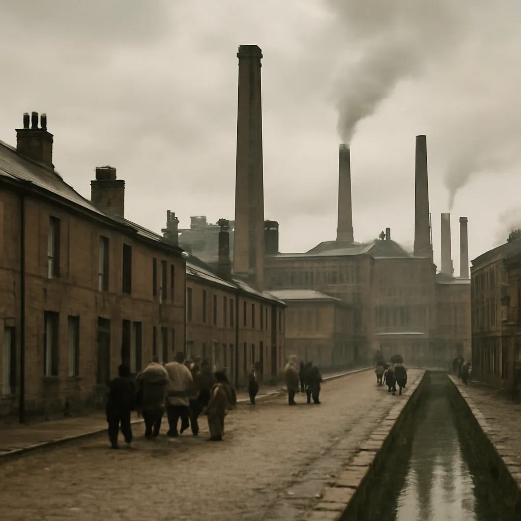 Late 19th-century Bradford street scene with horse-drawn carts and workers near brick industrial buildings, suggesting an industrial town where dairy distribution and dye works operated.