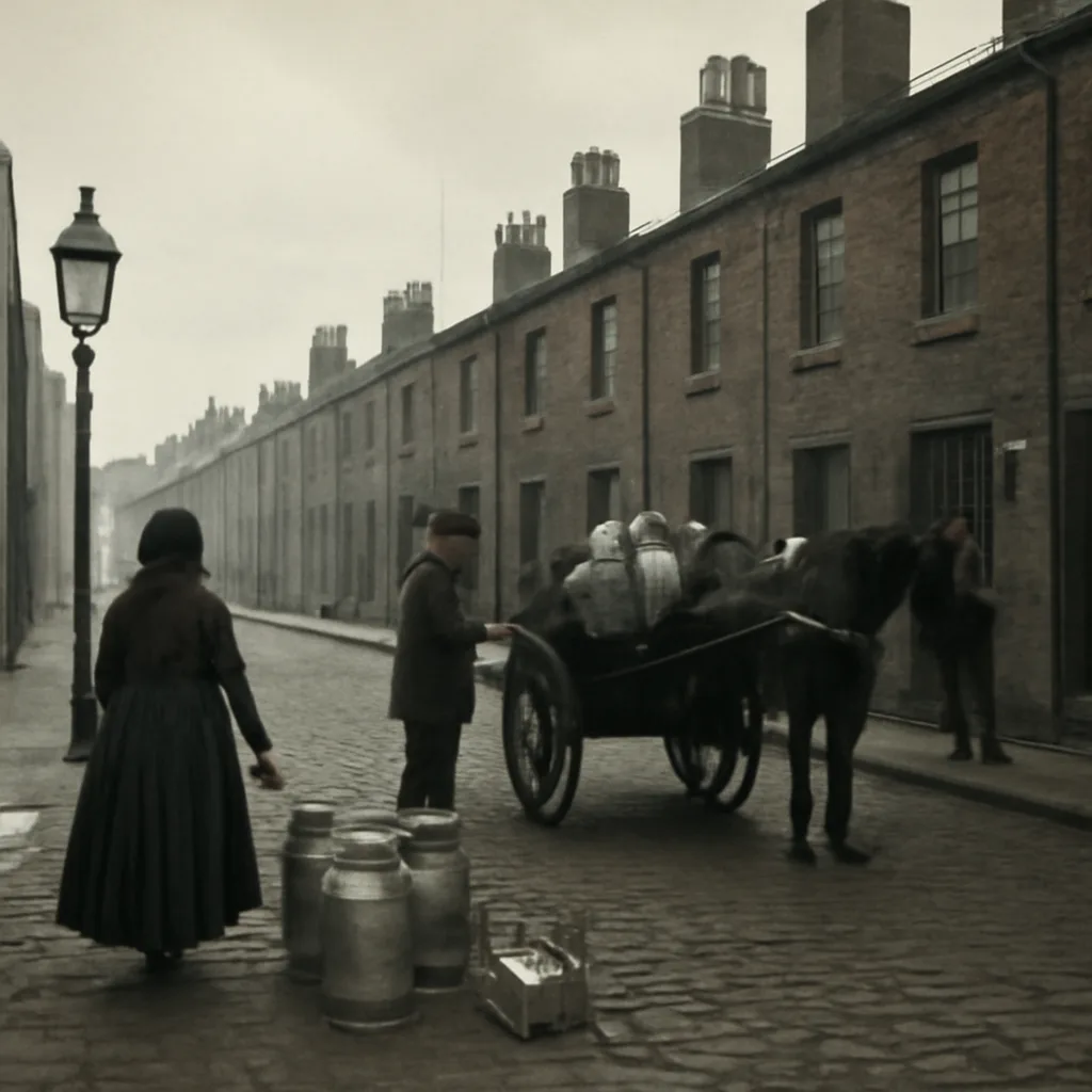 Late 19th-century Bradford street with horse-drawn milk delivery cart outside terraced houses, customers exchanging milk bottles; overcast winter light.