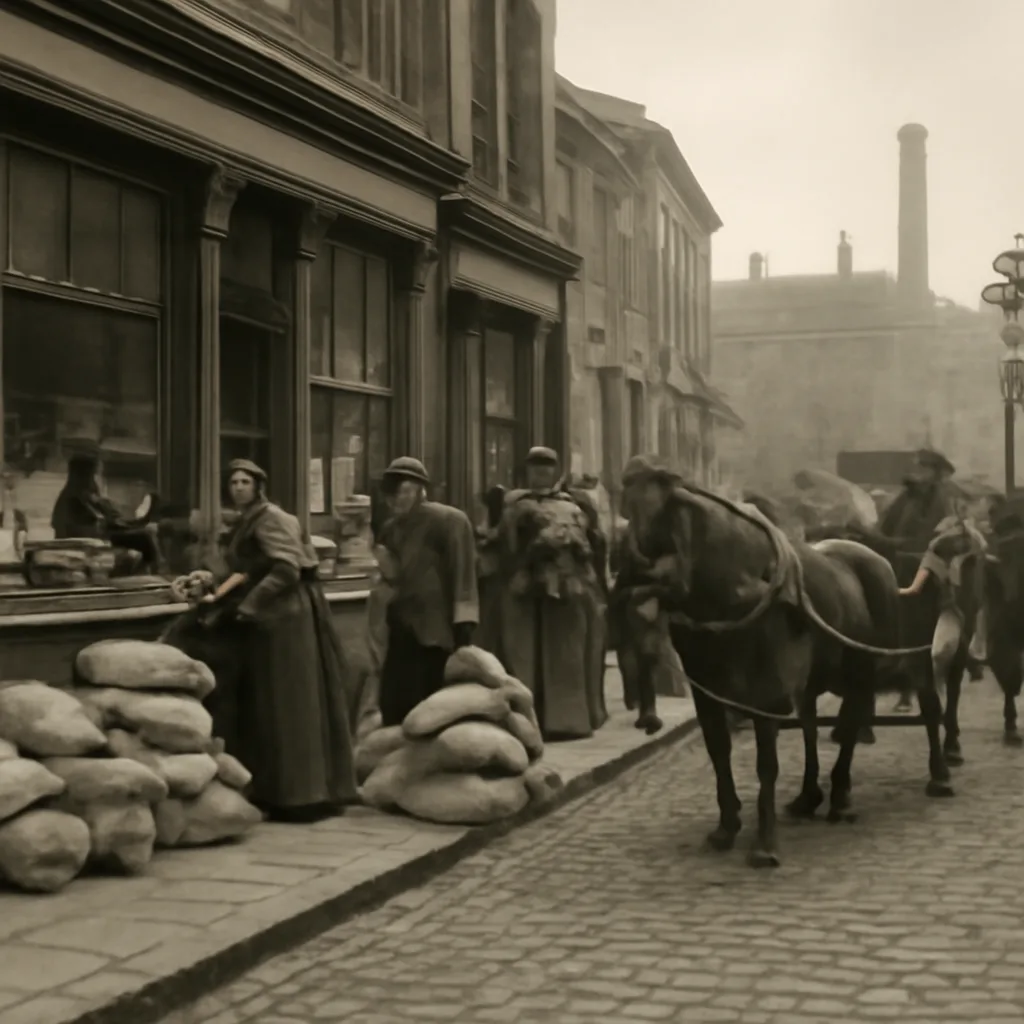 Late 19th-century Bradford street scene with shopfronts selling loose tea and sacks; gas lamps and horse-drawn carts visible, conveying an industrial urban market setting.