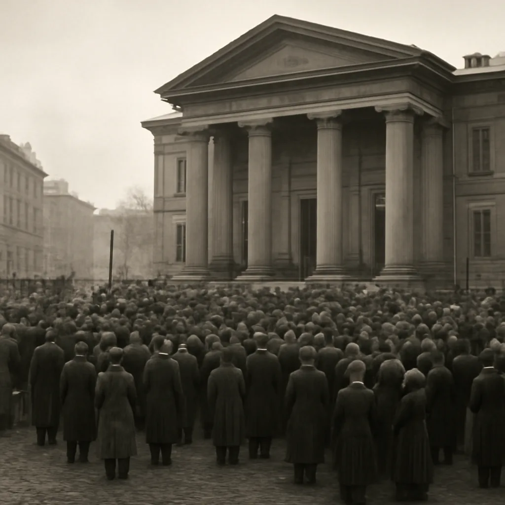 Late 19th-century street scene in Kiev: a crowd gathered outside a courthouse, horse-drawn carriages, men in period coats and hats; buildings and signage typical of the 1890s.