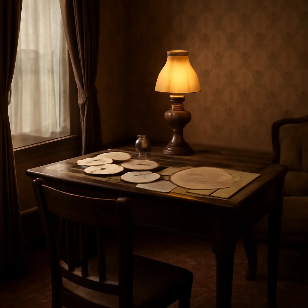 Early 20th-century Boston parlor with writing desk, envelopes, ink bottle, and folded letters on a table beside a newspaper dated February 1910.