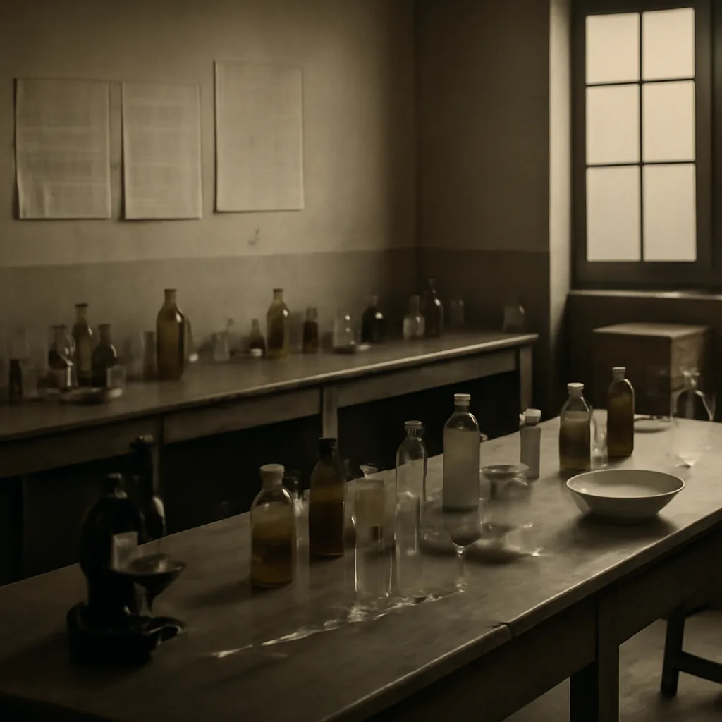 Early 20th-century laboratory workspace with glass bottles labeled for medicinal alcohol, wooden crates for supplies, and laboratory glassware on a long wooden table; somber, clinical atmosphere.