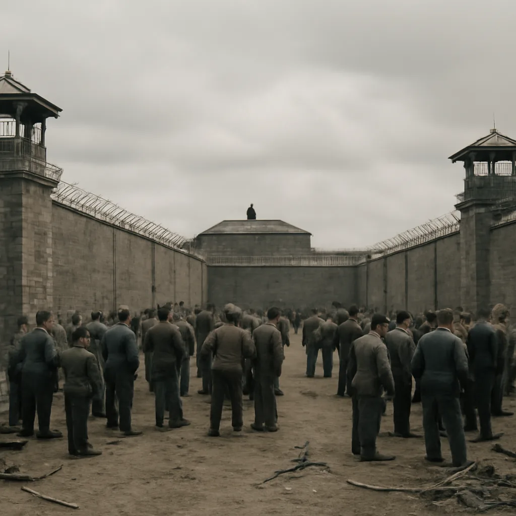 Exterior view of a 1930s prison yard with stone walls, watchtowers, and groups of inmates and guards; overcast sky and visible barbed wire.