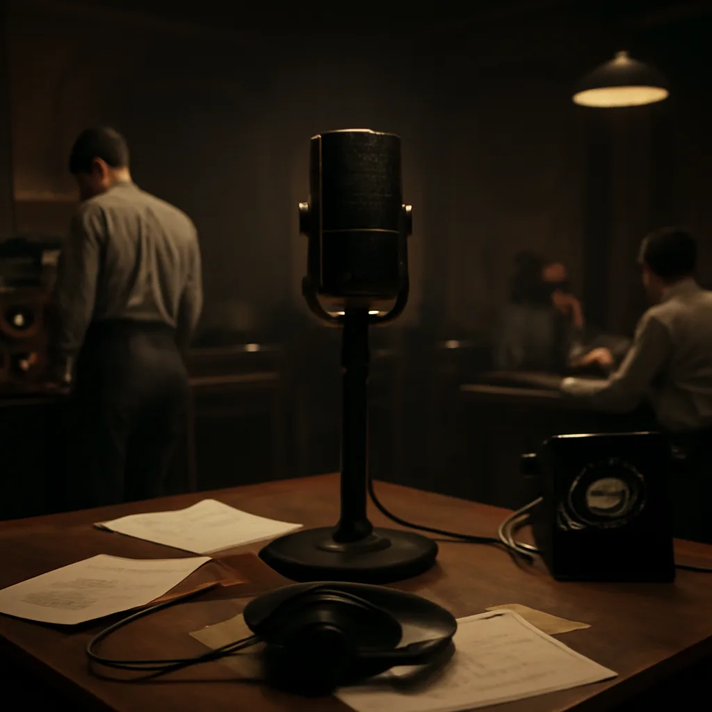 A 1930s radio studio with microphone, control panel and script pages on a desk, representing a live radio drama broadcast in an enclosed studio.