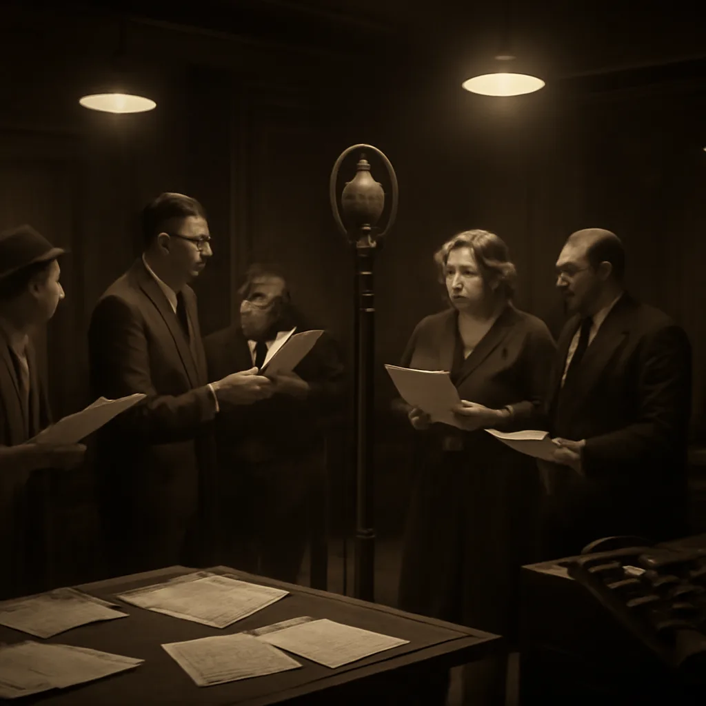 A 1930s radio studio with microphone, script pages, and musicians; an announcer and actors arranged around a central mic, studio equipment and sheet music visible.