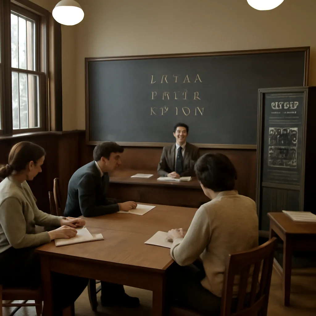 A 1950s-era college seminar room at Dartmouth with a small group of researchers in suits and dresses around tables, papers, and early computing equipment.