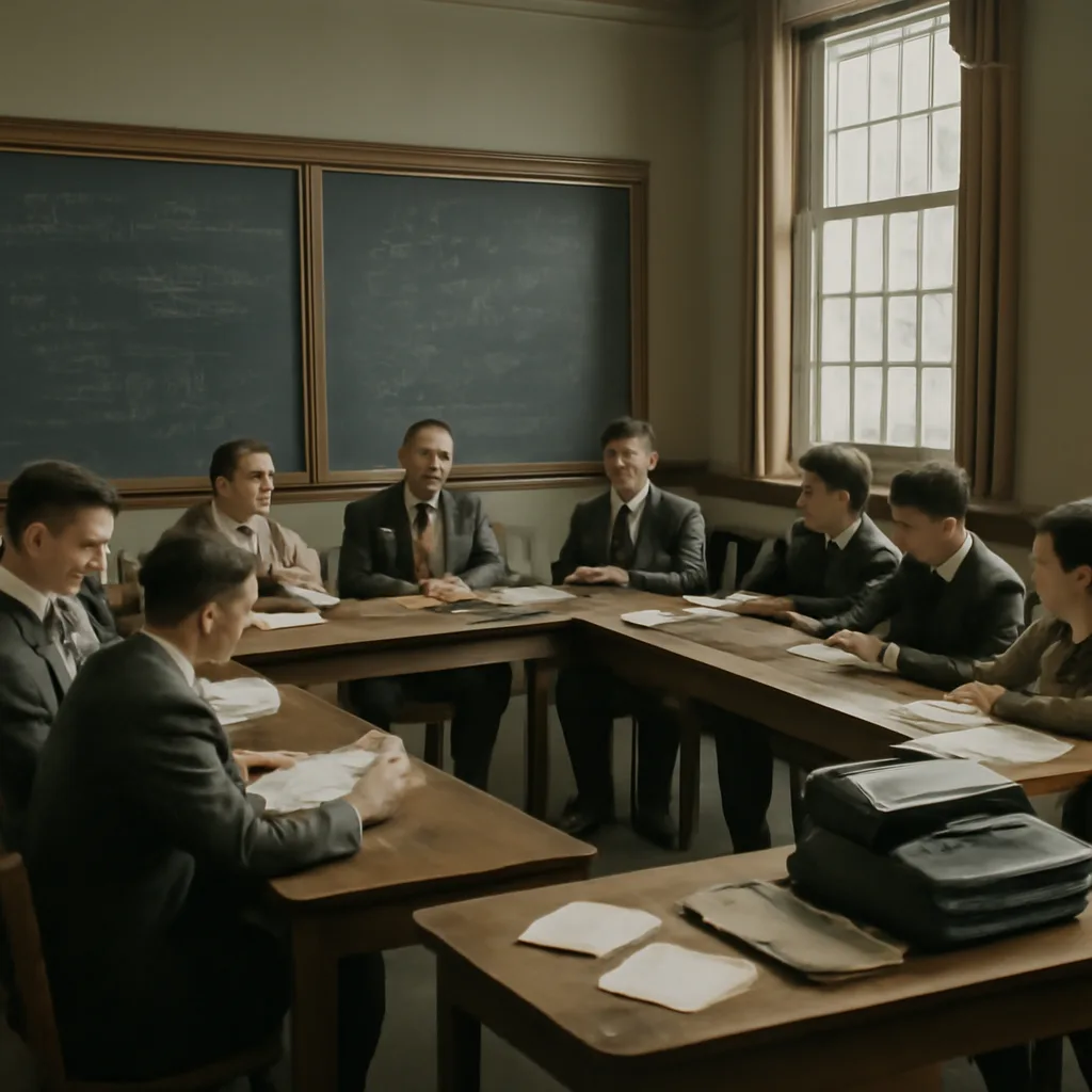 A mid-1950s lecture hall or seminar room at Dartmouth College with researchers gathered around tables, early computers or punched-card equipment visible, and chalkboards filled with handwritten formulas and diagrams.