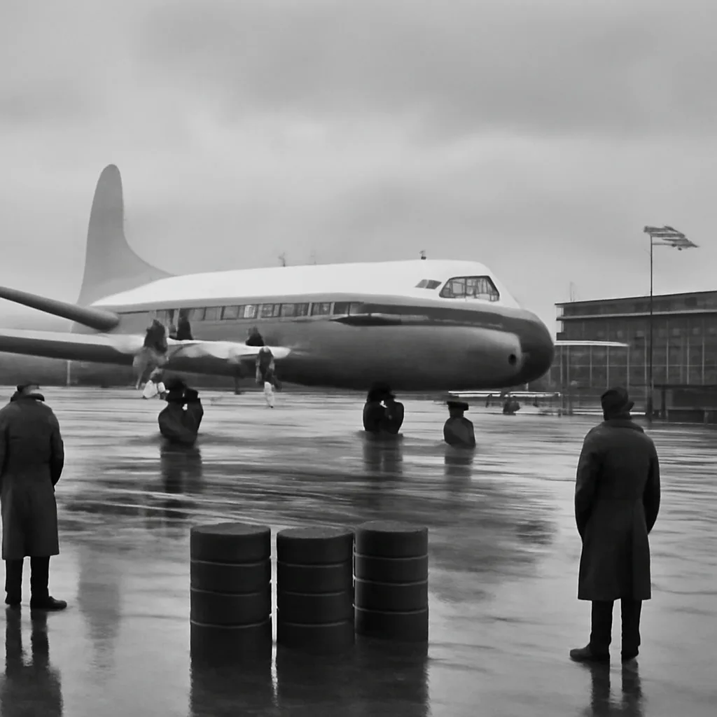 A 1950s Vickers Viscount turboprop on a grass airfield apron with early postwar airport buildings and overcast skies, shown from a distance to avoid identifiable faces.