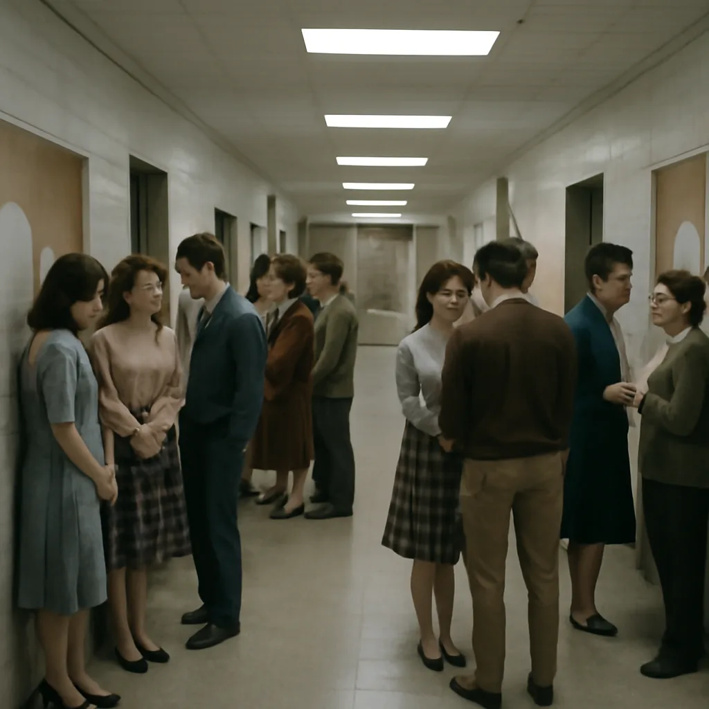 A 1960s-era high school hallway with students in period-appropriate clothing gathered in small groups outside classrooms, some seated or leaning against lockers, conveying concern and whispered discussion.