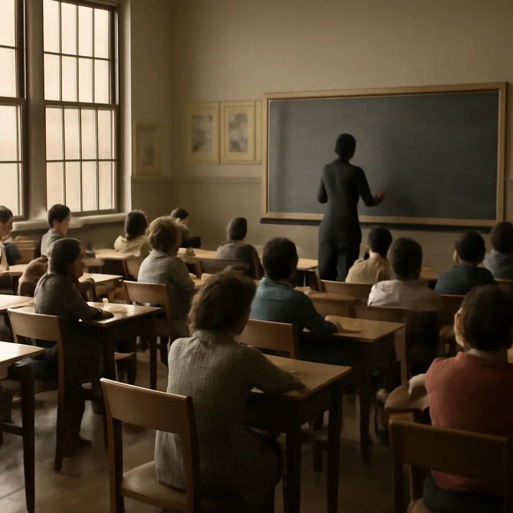 A mid-1960s classroom scene showing seated students in period clothing and a teacher at the blackboard, capturing a tense atmosphere without depicting identifiable faces.