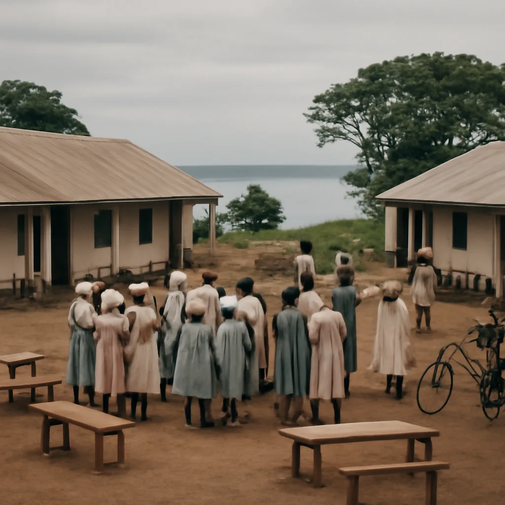 A 1960s-era East African lakeside village school compound with groups of girls in plain dresses and headscarves gathered outdoors near simple buildings and trees.