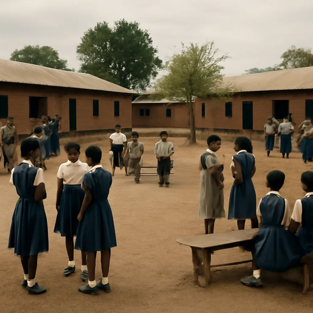 A mid-1960s East African secondary school compound with students gathered outdoors; simple brick or mud buildings, girls in period-appropriate school uniforms, caretakers and teachers nearby—no identifiable faces.
