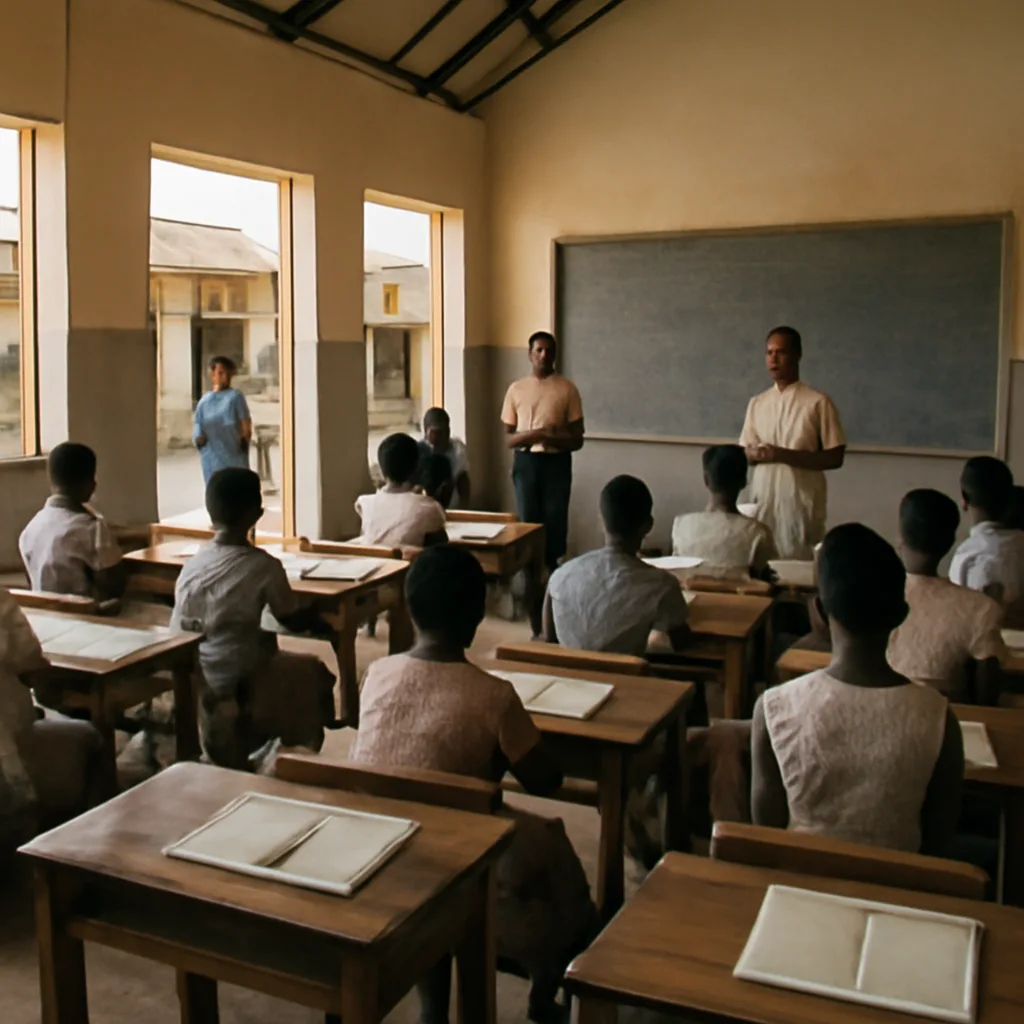 A 1960s-era Tanzanian secondary school classroom with rows of desks and adolescent girls in modest school attire seated and standing; a teacher and a few concerned adults in the background.