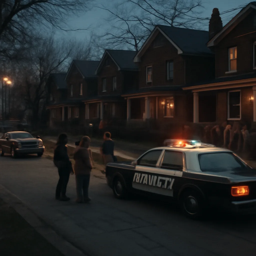 Late-1970s Cleveland Heights neighborhood street at dusk with local police cruiser lights flashing; groups of residents gathered on sidewalks, newspapers piled on stoops.