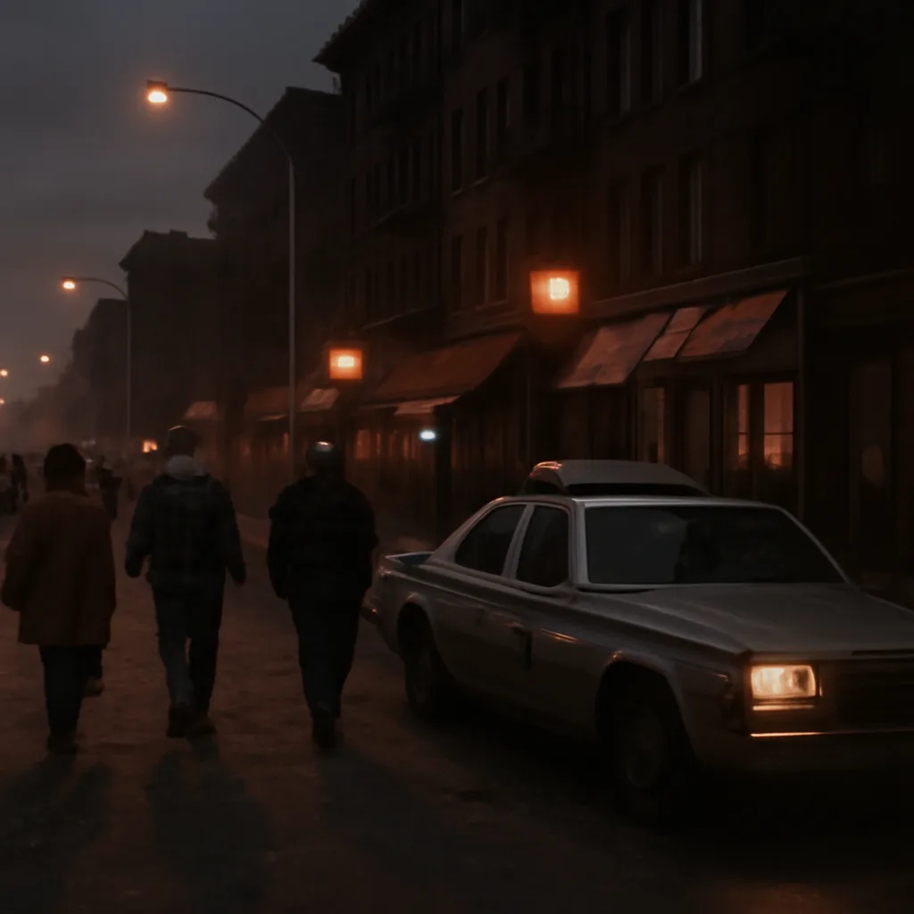 Late 1970s New York City street scene with police officers walking past yellowing storefronts and a patrol car, evening light, indicative of urban policing and public concern.